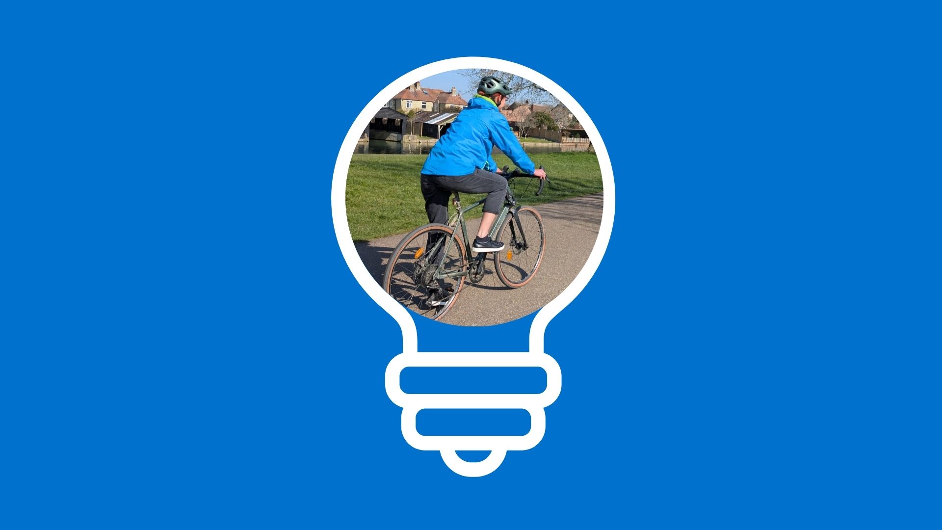 Light bulb icon on blue background showing person cycling
